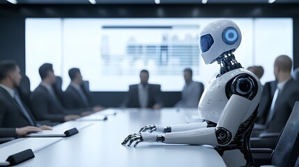 Autonomous Robotic CEO Leading a Futuristic Corporate Meeting in a Modern Boardroom