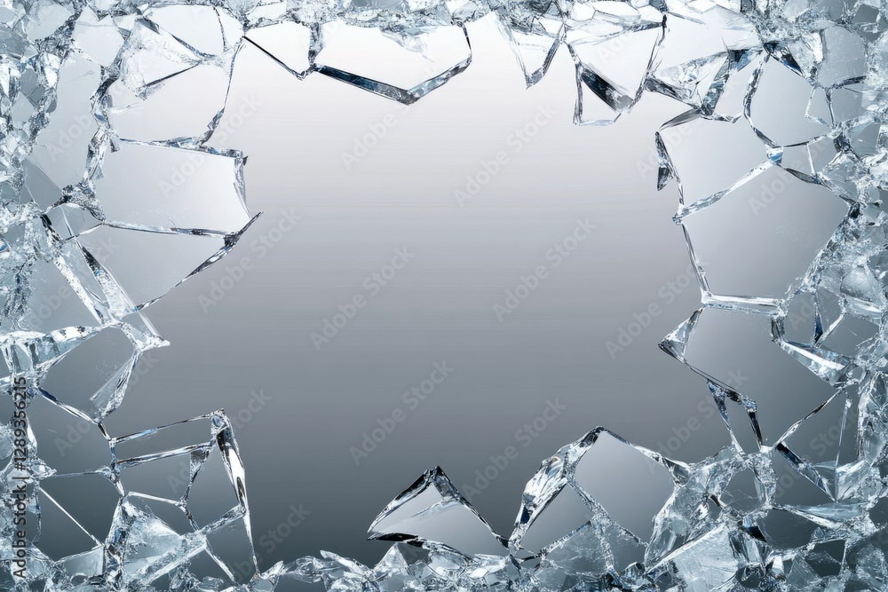 Poster broken glass shards creating a border on a gray gradient, ideal for showcasing resilience, vulnerabi