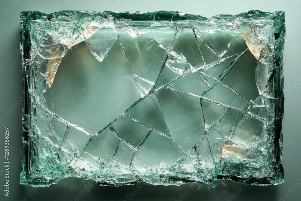Poster rectangular broken glass pane on a green background, representing concepts of damage, fragility, and