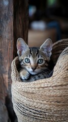 Close up of a kitten inside a wicker basket. Kitten with curious eyes and soft fur in a wicker basket conveying comfort.