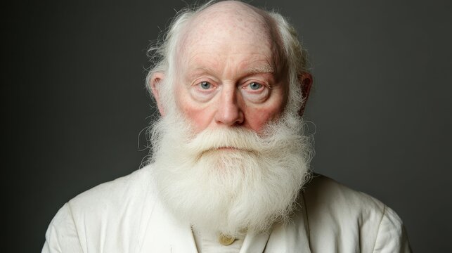 An elderly man stands still, showcasing his long white beard and deep-set eyes. He wears simple clothing and exudes a calm, introspective demeanor in a neutral setting