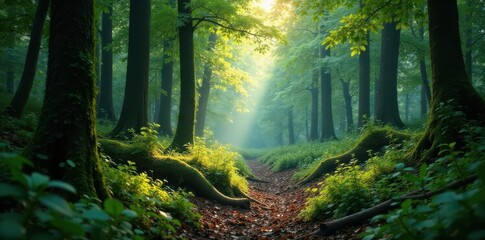Obraz premium Forest floor with fallen trees and undergrowth, foliage, overgrown landscape, forest