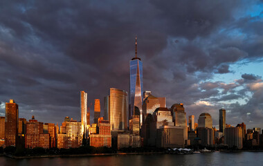 New York City an sky with clouds. NYC cityscape with skyscrapers. Aerial panorama of New York City...