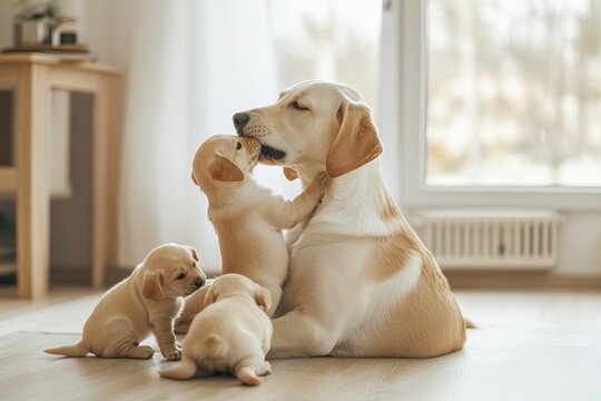 A playful Labrador mother sitting on a cozy, light-colored floor, watching over her energetic puppies as they tumble and explore around her.  - Powered by Adobe