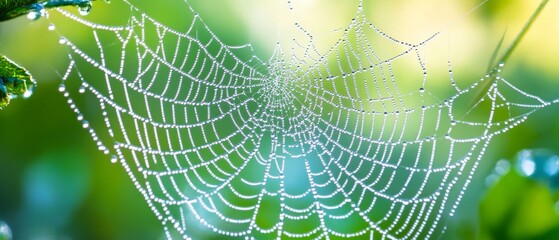 Naklejka premium A dewy spider web glistens in sunlight, creating a delicate tapestry against a lush green background.