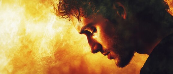 Silhouette of a contemplative man against a fiery, illuminated backdrop, exuding intensity and introspection.