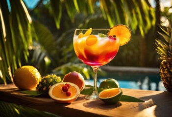 vibrant cocktail glass surrounded lush tropical elements including palm leaves exotic fruits colorful background, drink, summer, party, vacation, beach