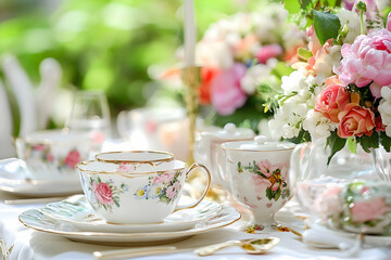 Fototapeta premium Elegant Tea Party Setting with Floral China and Fresh Flowers, a beautiful outdoor tea party, sunshine and the charm of delicate porcelain