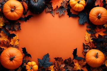 Halloween-themed border made of pumpkins, bats, and autumn leaves on an orange background, providing ample copy space