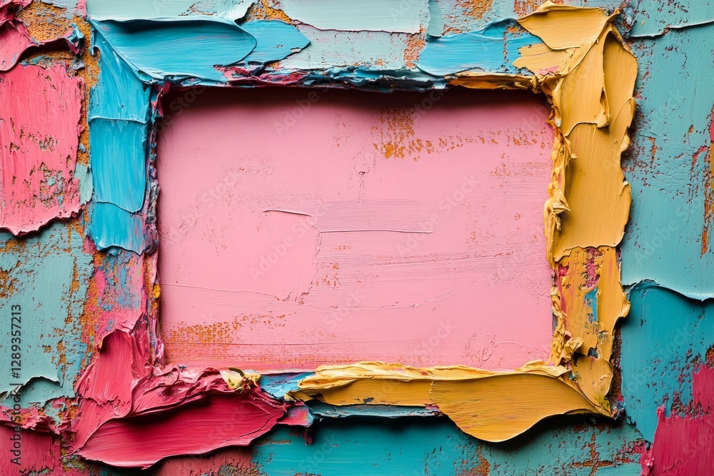 Poster thick impasto paint strokes in vibrant colors form a rectangular frame on a textured canvas, creatin