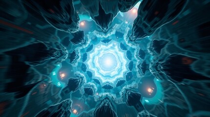 a surreal, tunnel-like structure with a bright, glowing center surrounded by intricate, jagged formations and a blue, ethereal light, creating a mesmerizing and otherworldly visual effect.