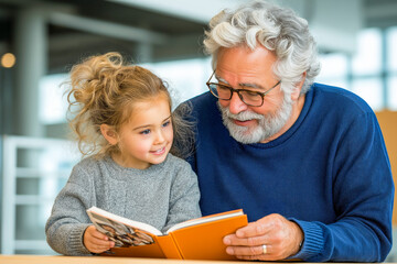 Grandfather and granddaughter looking through a photobook together, sharing memories and family moments, symbolizing love, nostalgia, and generational bonding
