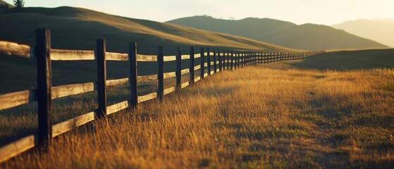 Obraz premium A long wooden fence stretches across a golden field, under soft, sunlit hills, evoking a serene countryside mood.
