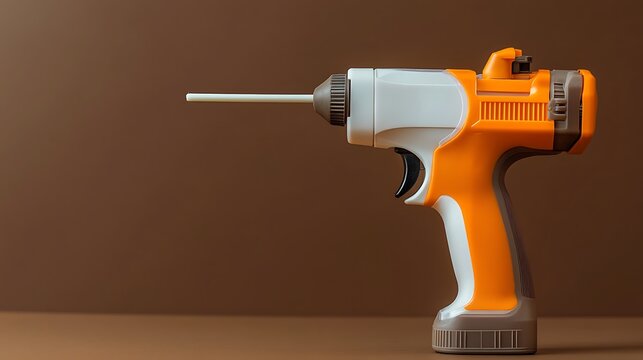 Electric hot glue gun with gluestick isolated on brown background
