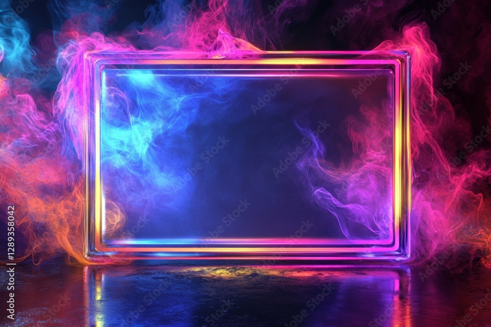 Poster vibrant neon rectangle frame emanates colorful light amidst smoke on a reflective surface, creating 