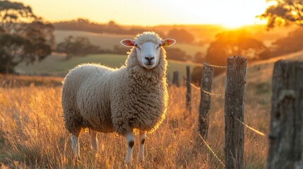 Fototapeta premium A serene sheep stands gracefully in a golden field at sunset, surrounded by a rustic wooden fence and vibrant nature.