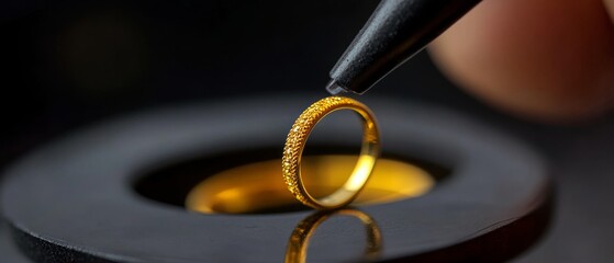 A pen examines a slender golden ring on a dark reflective surface, highlighting precision and the allure of craftsmanship.