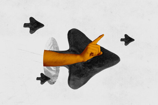 Composite art 3d creative image collage of human hand point 3d plasticine arrow pointer figurine career progress opportunity