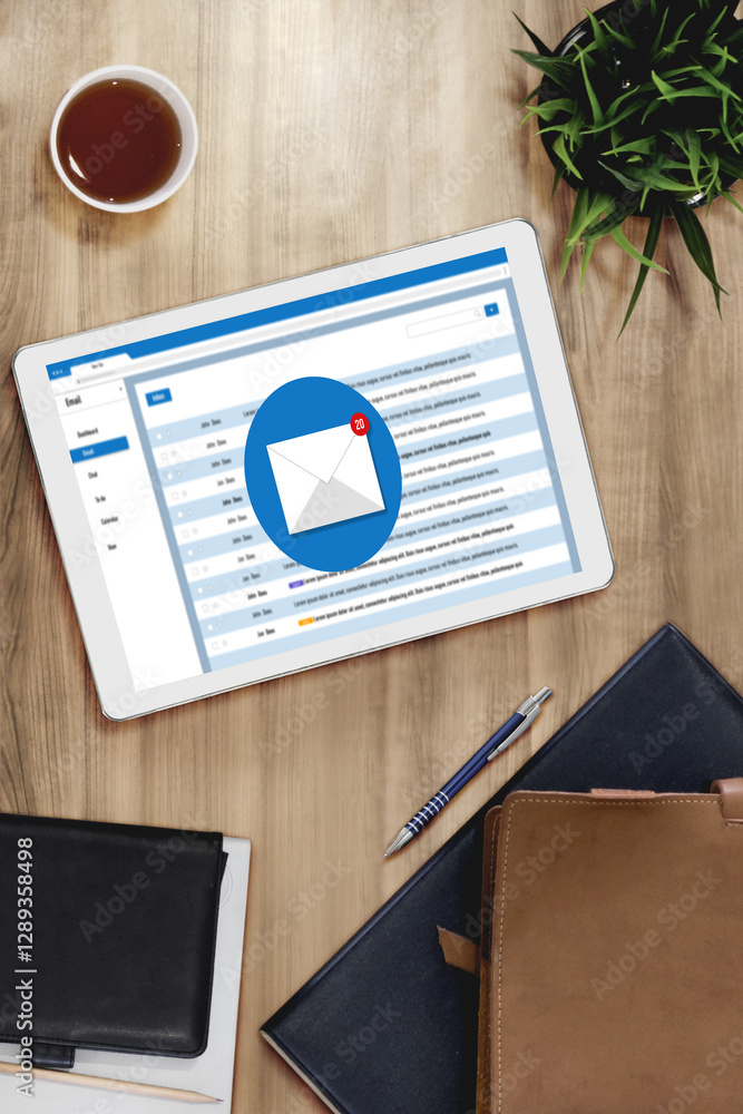 Poster email notification message showing on computer screen snugly. digital marketing message information 