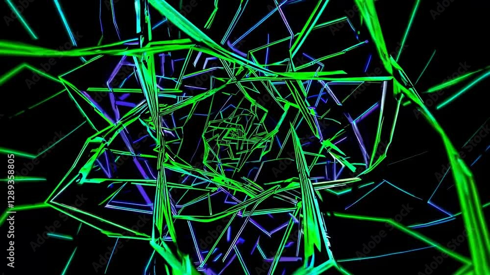 Poster a kaleidoscopic video effect with a top-down angle, featuring neon green geometric patterns creating