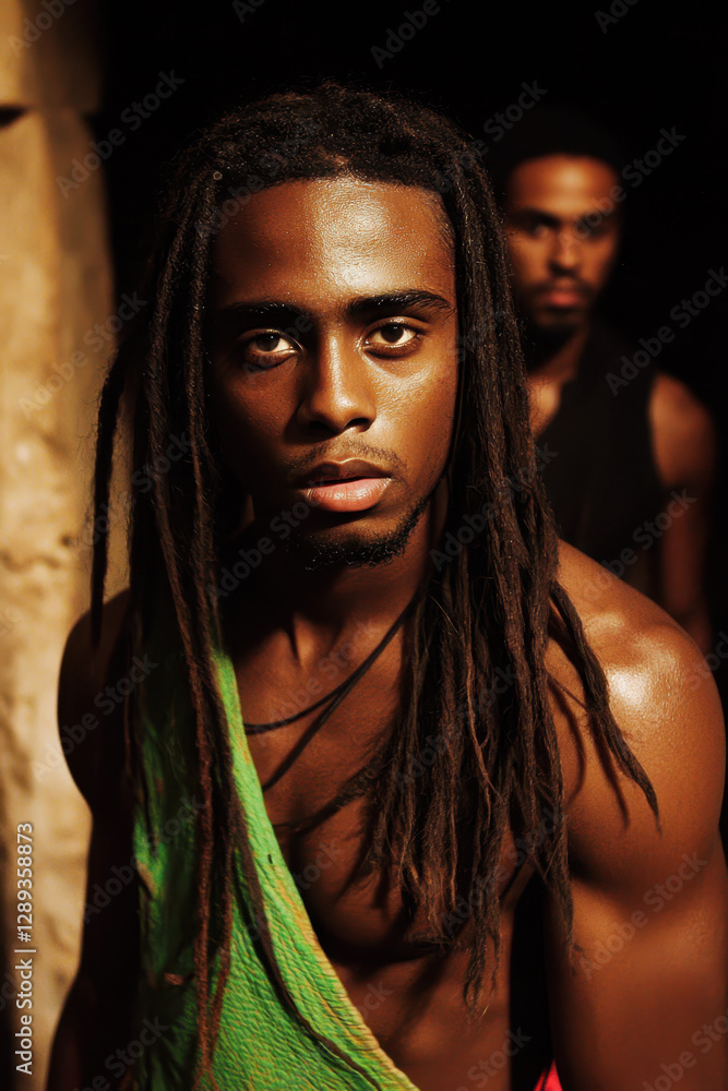 Poster captivating portrait of a young man showcasing cultural identity and emotion in a striking setting w
