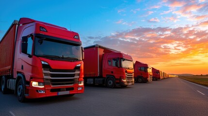 Red trucks on highway at sunset