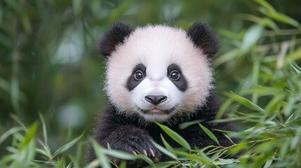 Naklejka premium Cute panda cub peering from bamboo forest