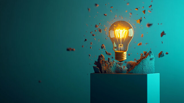 A lightbulb exploding with debris in a creative concept on a teal background, symbolizing innovation, creativity, and the breakthrough of new ideas.