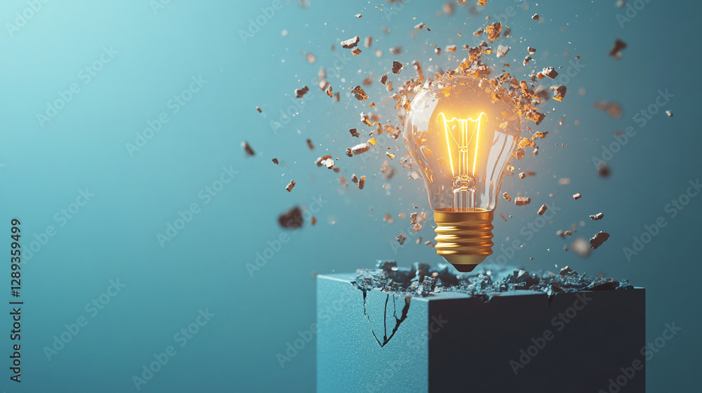 Poster a lightbulb exploding into debris, representing the concept of innovation, creativity, and breakthro