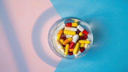 A colorful assortment of pills in a clear glass bowl.
