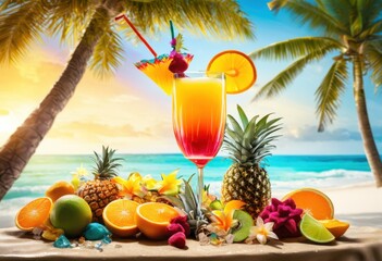 vibrant cocktail glass decorated colorful tropical umbrella under bright sunlight tropical setting, beach, drinks, beverage, summer, ice, exotic