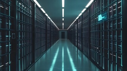 Futuristic AI Controlled Digital Prison Corridor with Eerie Lighting and Atmosphere
