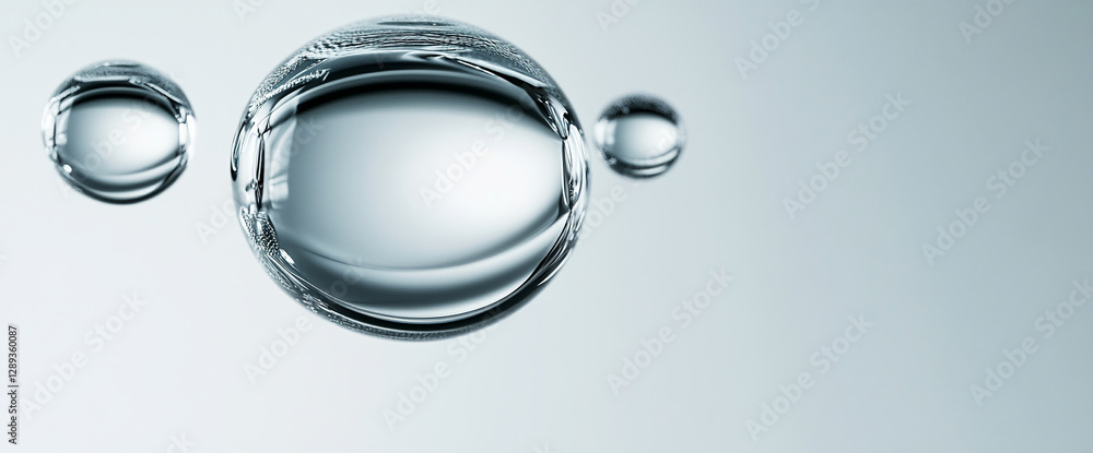Poster close-up of floating water droplets with a reflective surface against a minimal background, symboliz