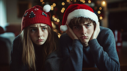 Two people in festive sweaters and hats look bored in front of holiday lights. Concept of holiday boredom. For holiday-themed humor posts or cards.