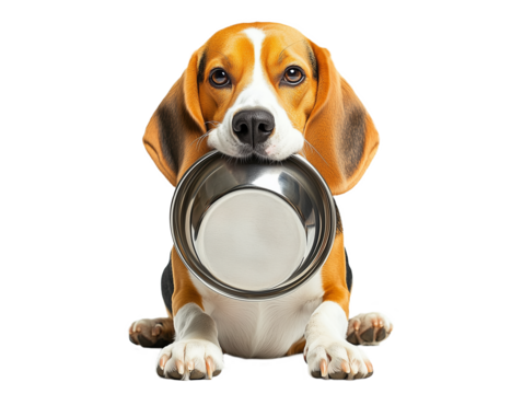 A beagle is sitting on the floor, holding a shiny metal dog bowl in its mouth. The dog looks eager and playful, waiting for food or attention from its owner.