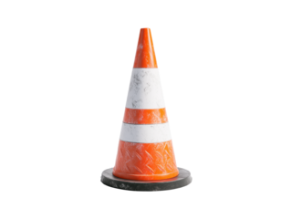 A bright orange traffic cone with white stripes stands isolated on transparent background. It marks an area under construction, ensuring safety for drivers and pedestrians.