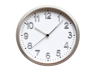 Round wall clock shows the time in a clear and minimalistic design. The hour and minute hands are black against a transparent background, making it easy to read.