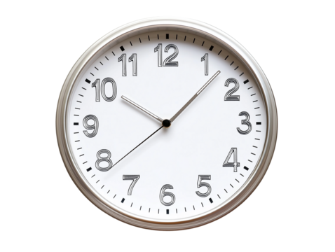 Round wall clock shows the time in a clear and minimalistic design. The hour and minute hands are black against a transparent background, making it easy to read.