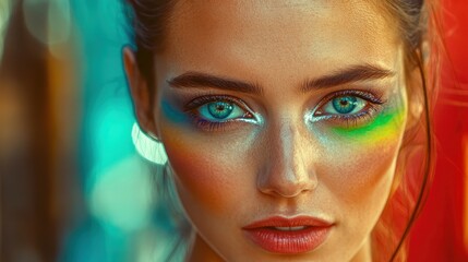 A young woman poses with striking makeup featuring bold colors on her eyes and cheeks. The background showcases vivid hues, enhancing her captivating gaze