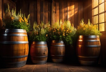 rustic vintage brewery barrels surrounded artisanal craft beer setup highlighting unique floral elements natural textures, wood, container, craftsmanship