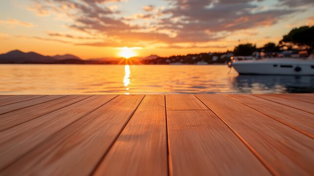 The sun sets on the horizon, casting golden hues over tranquil water, with a wooden dock leading into the serene landscape, offering a peaceful escape from daily life.