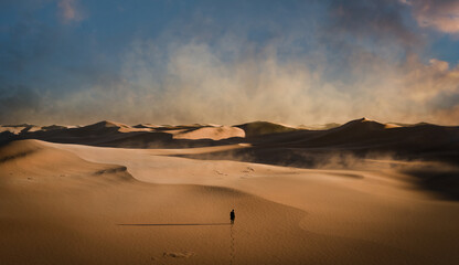 Man lost in desert dunes, 3D animation