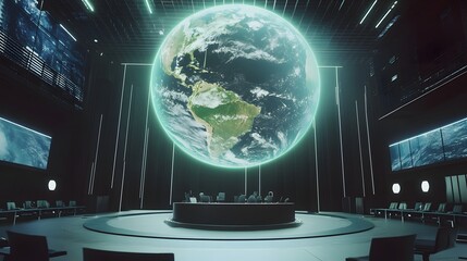 Futuristic AI Powered Climate Summit with Holographic Earth Sphere on Stage