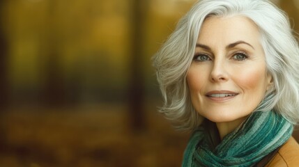 Naklejka premium A woman with silver hair and a green scarf smiles warmly, surrounded by a serene autumn forest filled with vibrant gold and brown foliage. The soft light enhances her natural beauty
