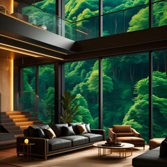 Luxury Modern Living Room with Panoramic Forest View