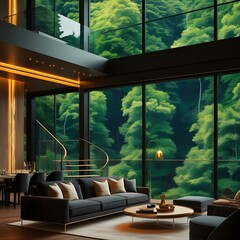 Luxury Modern Living Room with Panoramic Forest View