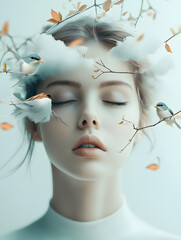 Dreamy Portrait of a Woman with Birds and Natural Elements