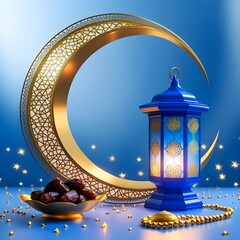 Elegant Ramadan Decoration with Lantern, Crescent Moon, and Dates