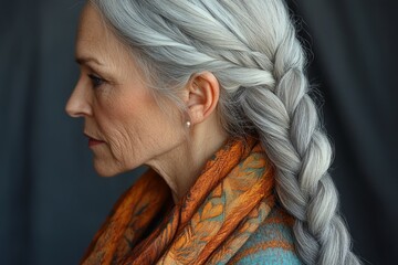 Profile of a fashionable senior woman with long gray braided hair and orange scarf, embracing natural beauty and aging gracefully