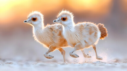 Two baby ostriches running at sunset, nature background